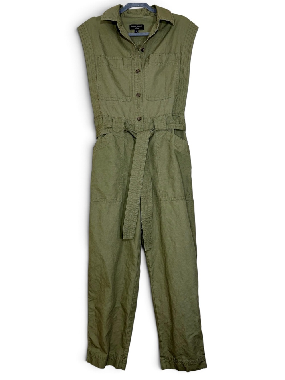 Banana Republic Olive Sleeveless Utility Jumpsuit with Tie Belt- woman’s S Tall